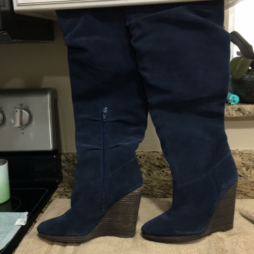 Charles David Navy Suede Leather Wedge Knee Boots 4” heel Slouchy Zip SZ 6M